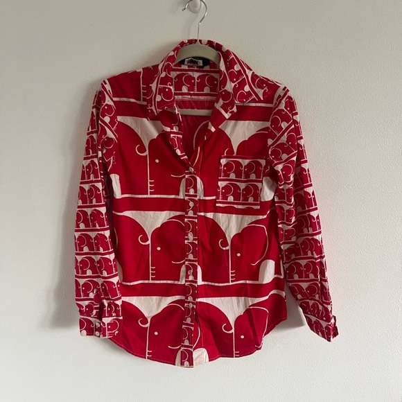 Vintage 70s Gabrielle Fouell Elephant Red and White Block Print Top - Picture 2 of 6